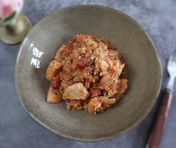 Riz au poulet simple sur un plat bol